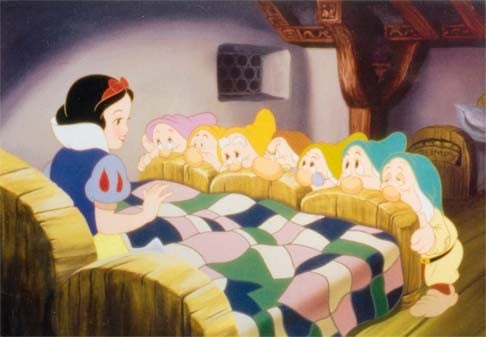 In Snow White and the Seven Dwarfs, male and female characters share the dialogue equally.