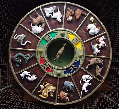 The zodiac, with yin and yang in the middle, elemental signs represented in the inner ring and animal signs beginning with the rat and going clockwise to the pig. Photo: Wikipedia / Jakub Hałun