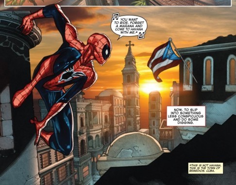 Spider-Man in Cuba with the Puerto Rican flag mistakenly used.