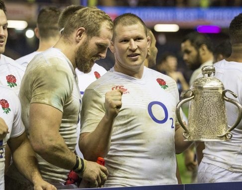 Captain Dylan Hartley holds up the Calcutta Cup with James Haskell. Photo: EPA