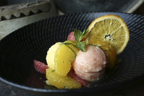 Citrus fruit salad with mandarin sorbet.