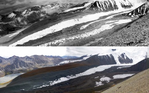 China’s Halong Glacier, in the Qinghai-Tibetan Plateau, pictured in 1981 (top), and in about 2005. Photos: SCMP Pictures