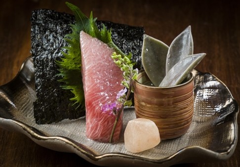 Toro sashimi with nori.