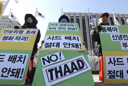 South Korean protesters stage a rally in Seoul to oppose the possible deployment of the US’ advanced missile system on the Korean peninsula. Photo: AP