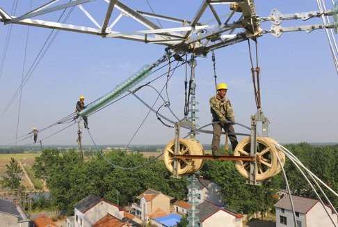 Workers install wires on an electricity pylon in Chuzhou, Anhui province. China must focus on making good investment decisions. Photo: Reuters