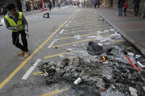 Debris litters the streets of Mong Kok after a night of raucous protests. Violence is not in the interest of any side of a divided society. Photo: AP