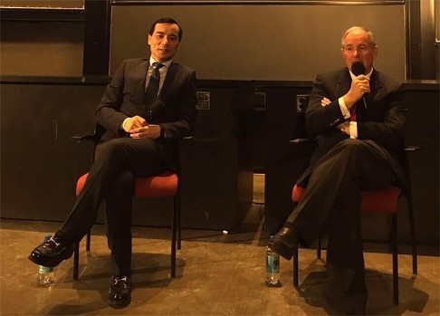 Anbang Insurance Group chairman Wu Xiaohui (left), with a discussion moderator at a Harvard University recruitment forum for students on January 31, 3015. Photo: Anbang Insurance