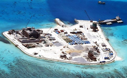 An aerial view of facilities being built on Spratly Island’s Johnson Reef in the disputed South China Sea. Photo: EPA