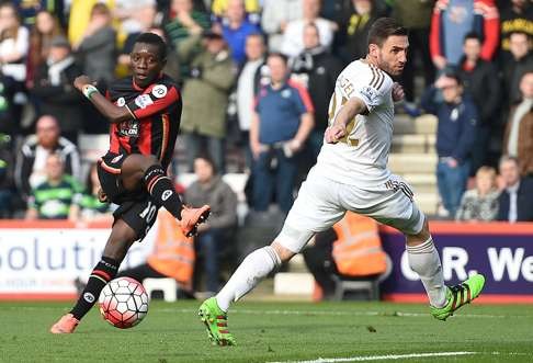Bournemouth’s Max Gradel scores against Swansea City in their English Premier League match at the Vitality Stadium. Photo: AP