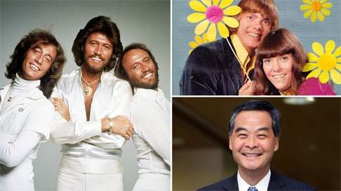 The Bee Gees (L) and the Carpenters (TR), Leung Chun-ying’s favourite bands. Photos: SCMP Pictures, AP & David Wong