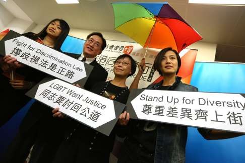 York Chow (second left) stands with other Hong Kong Pride Parade ambassadors. Photo: Nora Tam