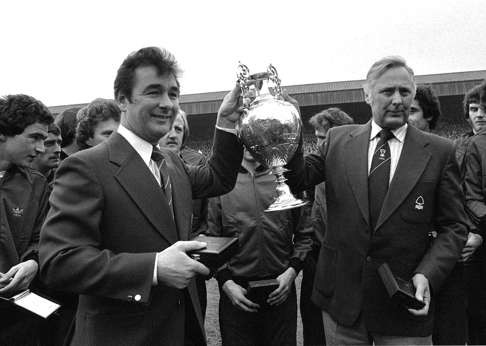 Nottingham Forest manager Brian Clough and assistant manager Peter Taylor with the English League Championship trophy after it had been presented to Forest in 1978. Photo: AP