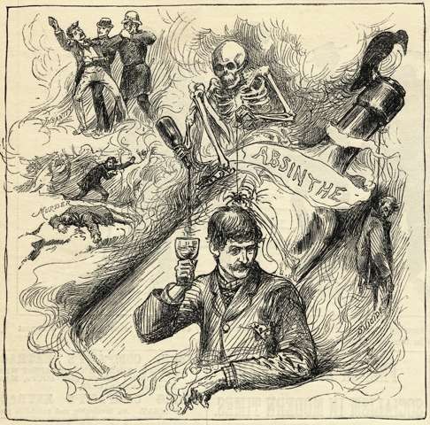 A cartoon from the 1880s depicts insanity, murder and suicide as dangers associated with drinking absinthe. Photo: Corbis