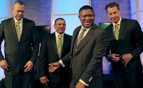 From left: South African Rugby Union president Oregan Hoskins, new Springboks coach Allister Coetzee, Minister of Sport Fikile Mbalula and South African Rugby Union CEO Jurie Roux at the announcement of Coetzee’s appointment. Photo: Reuters
