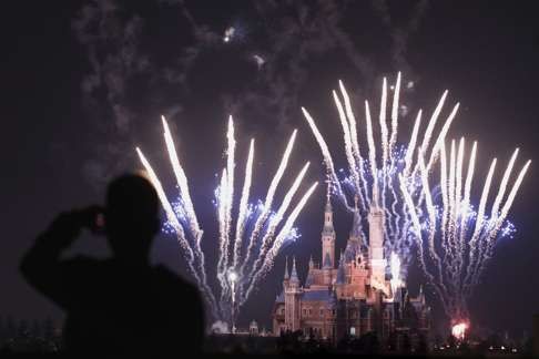 Fireworks at Disney’s Enchanted Storybook Castle get a trial run at the Shanghai resort late last month. The Shanghai theme park is due to open on June 16. Photo: AP