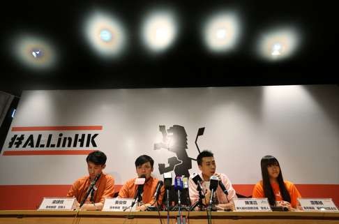 A coalition of six post-Occupy groups, led by Youngspiration, holds a press conference this month. The coalition is likely to run in all constituencies except New Territories East in the Legco election. Photo: Felix Wong