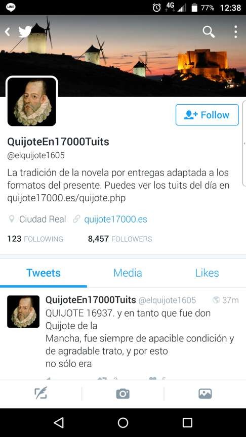 A screengrab from the @elquijote1605 Twitter feed showing the 16,937th of 17,000 tweets of Don Quixote.