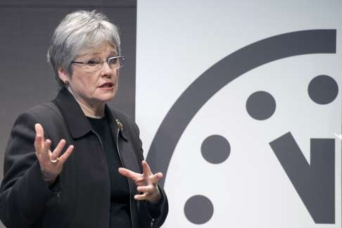 Kennette Benedict, then executive director of the Bulletin of the Atomic Scientists, announced in January 2015 that the Doomsday Clock was now at three minutes to midnight. Photo: AP