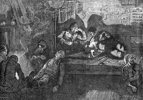 Illustration of opium smokers in the East End of London from the London Illustrated News, 1874.