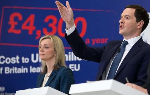 British Chancellor of the Exchequer George Osborne and British Environment Secretary Liz Truss address invitees at an event at the National Composites Centre at the Bristol and Bath Science Park in Bristol on April 18, 2016. If Britain leaves the European Union its economy could be 6 percentage points smaller than it would otherwise have been by 2030, the finance ministry warned in a report that was dismissed as scaremongering by eurosceptics. The report said a Brexit would cause 