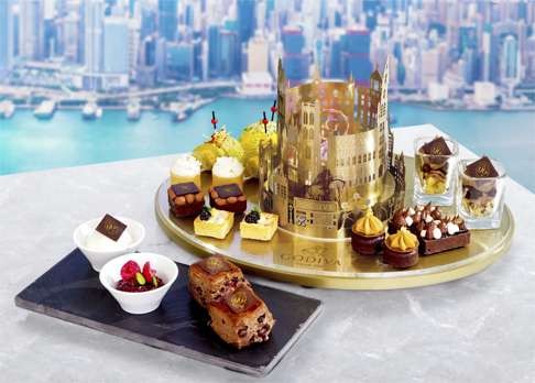 The Godiva-themed afternoon tea set at The Lounge & Bar in the Ritz-Carlton Hong Kong.