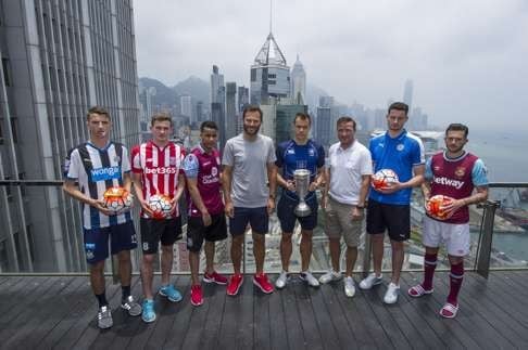 Berger and Smicer are in town for the HKFC Citi Soccer Sevens. From left to right: Newcastle United's Dan Barlaser, Stoke City's Lewis Banks, Aston Villa's Khalid Abdo, Citi All Stars' Patrik Berger, Hong Kong Football Club's Gary Gheczy, Citi All Stars' Vladimir Smicer, Leicester City's Elliott Moore, and West Ham United's Lewis Page. Photo by Lucas Schifres / Power Sport Images