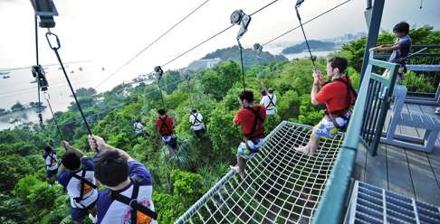 Adrenaline-seekers zip 450 metres over Sentosa’s forest canopy, to land on an islet off Siloso Beach.