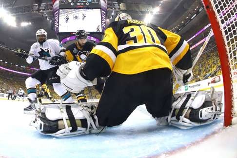 Pittsburgh’s Matt Murray tends goal during the first period against the San Jose Sharks in game two of the 2016 NHL Stanley Cup Final. Photo: AFP
