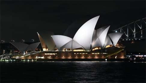 The Sydney Opera House at night.