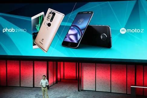 Lenovo company shared its vision for the future of smart, connected devices and unveiled new products including PHAB2, the first consumer smartphone powered by Google's Tango technology with augmented reality experience, and Moto Z family smartphone, which can be transformed into a new device when combined with Moto Mods in a snap. Photo: Xinhua