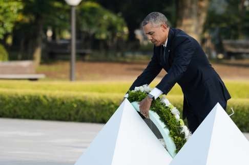 US President Barack Obama places a wreath in front of the cenotaph at the Hiroshima Peace Memorial Park in Hiroshima, during a historic visit there last month. Photo: Bloomberg