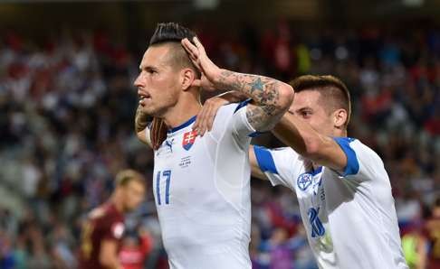 Slovakia's midfielder Marek Hamsik celebrates his goal. Photo: AFP