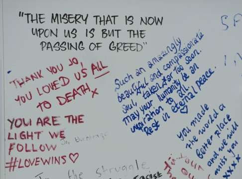 Messages signed by public during a vigil in memory of British Labour Party MP Jo Cox in London. Photo: EPA