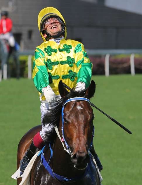Olivier Doleuze is ecstatic after the judge declared Sky King the winner of the Lapis Lazuli Handicap.