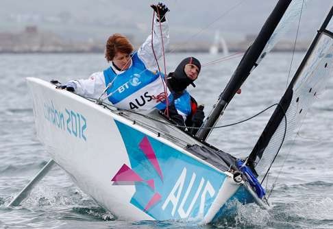 Australia's Liesl Tesch and Daniel Fitzgibbon compete in the Two-Person Keelboat (SKUD18) sailing competition during the London 2012 Paralympic Games. Photo: Reuters