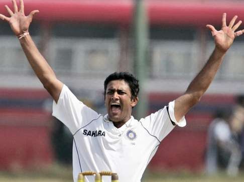 Anil Kumble appeals for a wicket during a test between India and Sri Lanka in August 2008. The leg-spinner took 619 test wickets in 132 matches in his playing career. Photo: AP