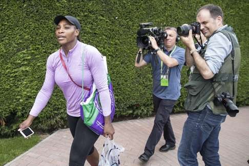 Serena Williams after a training session at the All England Lawn Tennis Championships in Wimbledon. Photo: EPA