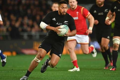 George Moala on the charge for the All Blacks. Moala repeatedly split open the Wales backline defence.