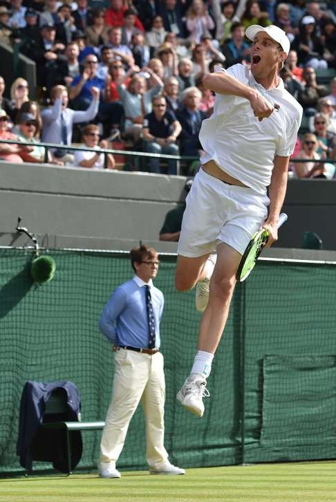 Sam Querrey leaps for joy after beating world No 1 Novak Djokovic. Photo: AFP
