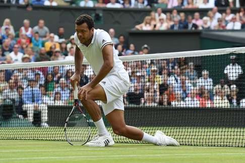 Jo-Wilfried Tsonga slumps to the turf. Photo: EPA