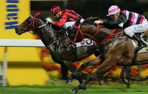 Joao Moreira guides Savvy Nature over the line in the fourth event, the first leg of a double on Wednesday night.
