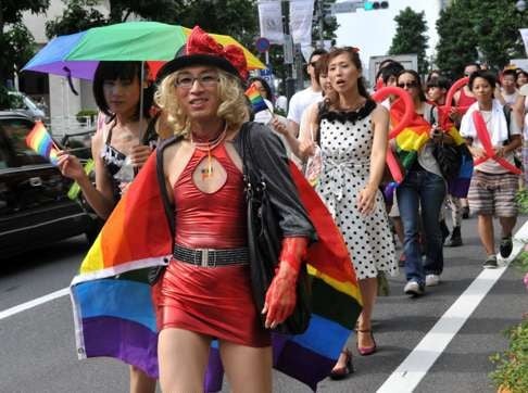Supporters of the lesbian, gay, bisexual and transgender community (LGBT) take part in the ‘Save the Pride’ parade in Tokyo on August 11, 2012. Photo: AFP