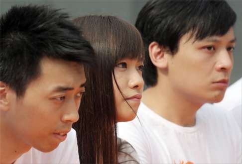 Localist candidates Chan Chak-to (left), Yau Wai-ching and Kenny Wong at an election campaign launch ceremony in Tsuen Wan. Photo: Paul Yeung