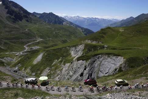 The peleton during a steep mountain stage from Pau to Bagneres de Luchon in the Pyrenees. Photo: EPA