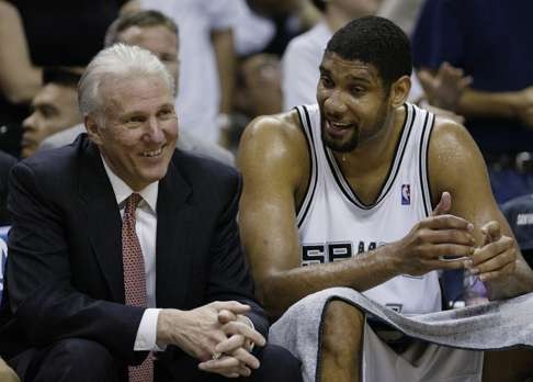 Spurs coach Gregg Popovich delivered a lengthy and glowing tribute to Tim Duncan at a news conference. Photo: AP