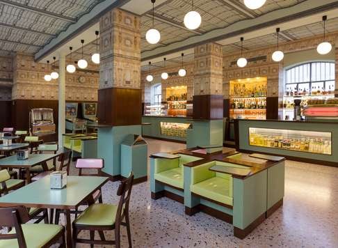 Fondazione Prada’s Wes Anderson-designed Milanese-style cafe, Bar Luce. Photo: courtesy of Fondazione Prada