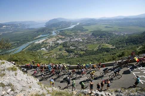 The group of leaders climb Colombier pass during the 15th stage. Photo: AP