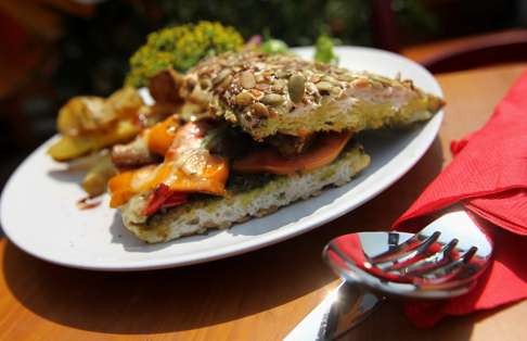 Grilled eggplant and pepper ciabatta with pumpkin chips at Green Cottage. Photo: Jonathan Wong