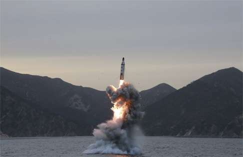 An undated file picture released by the North Korean Central News Agency of an “underwater test-fire of strategic submarine ballistic missile”. Photo: EPA