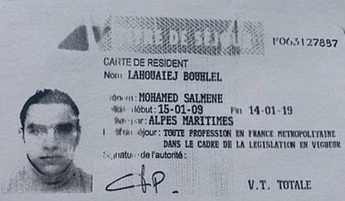 This image obtained from a French police source shows a reproduction of the residence permit of Mohamed Lahouaiej Bouhlel, the man who rammed his truck into a crowd celebrating Bastille Day in Nice on July 14. Photo: AFP